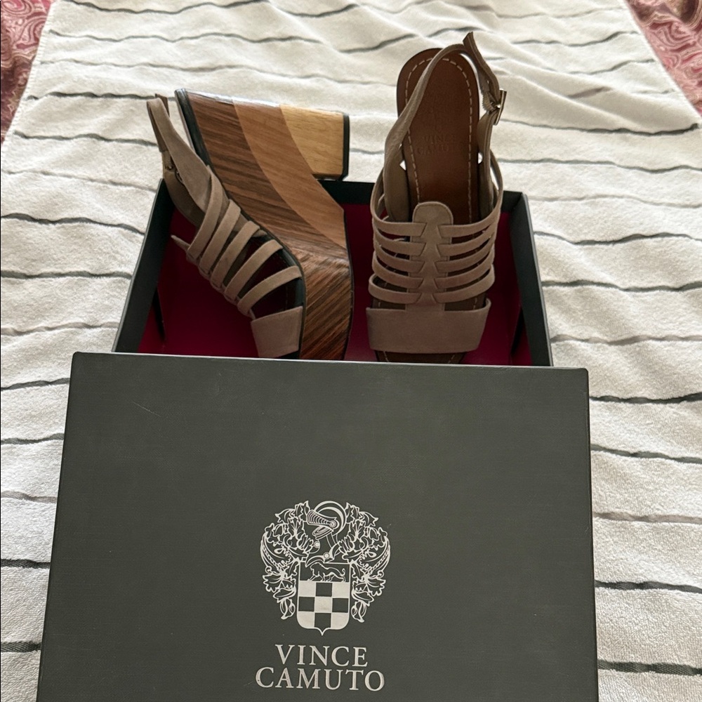 Vince Camuto Brown Taupe Strappy Wood-Effect Wedge Sandals